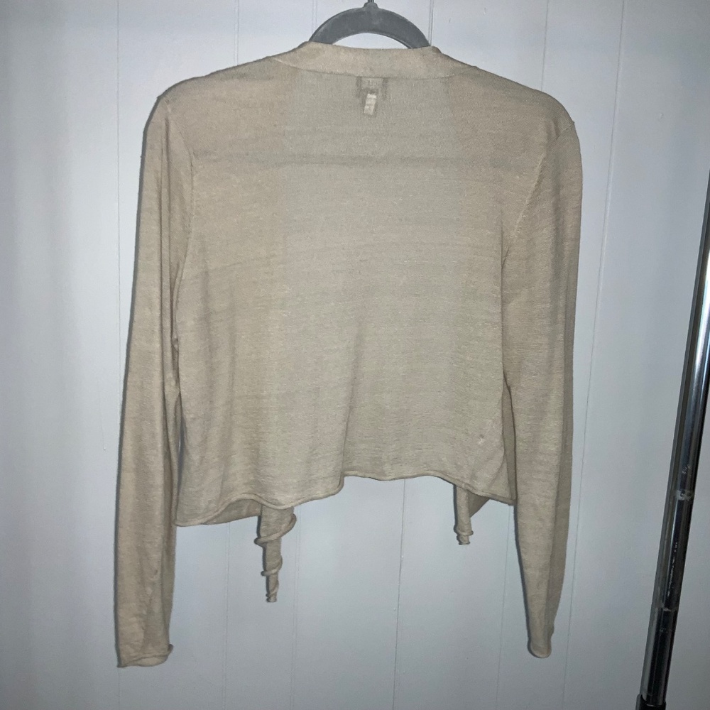 Eileen Fisher Petite tan linen blend open front cropped cardigan Sz PM raw edges - Picture 3 of 5